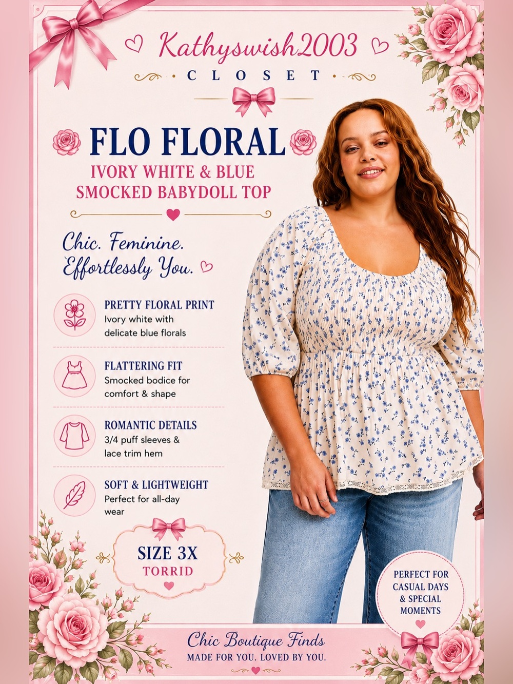 Torrid Flo Floral Ivory White and Blue Smocked Babydoll Women's Top 3X NWT